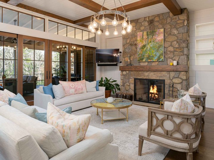 Blue beauty living room with fireplace