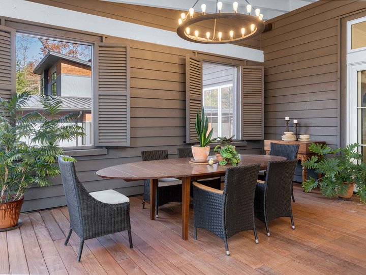 Blue beauty outdoor seating area with chandelier