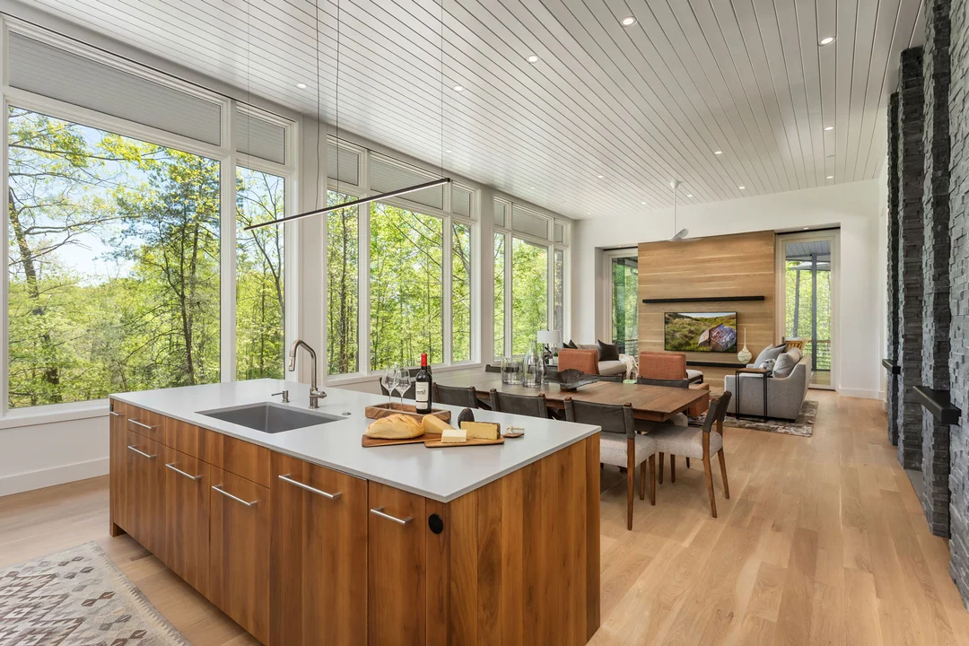 Open concept kitchen area in a modern mountain home.