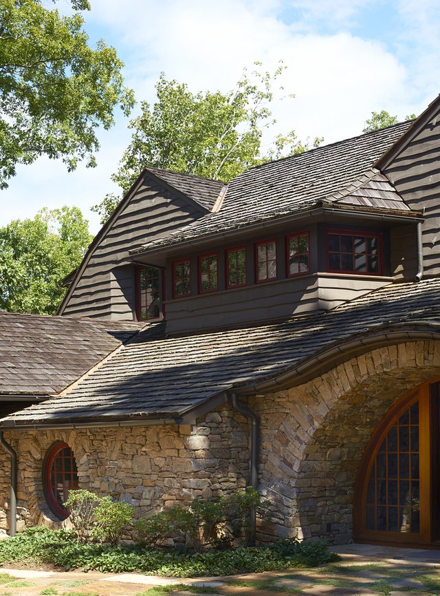 Grove Landing exterior with detail of stonework and shingle