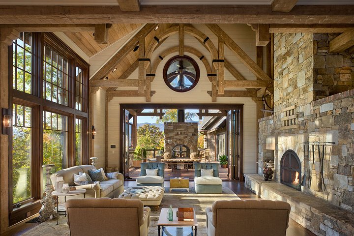 Hickory Homestead living area with vaulted beam ceilings