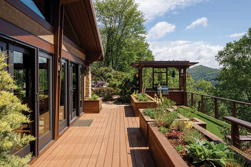 Mission-style outdoor grill of stained cedar