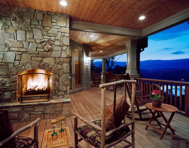 Lakeside Beauty Outdoor Fireplace on Porch Overlooking Lake