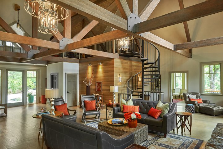 Open living room with spiral staircase